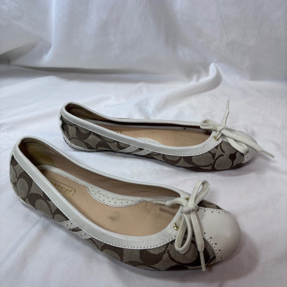Coach Jana Ballet Flats Womens 6.5 Brown White Signature Monogram Bow SlipOn - Picture 4 of 9